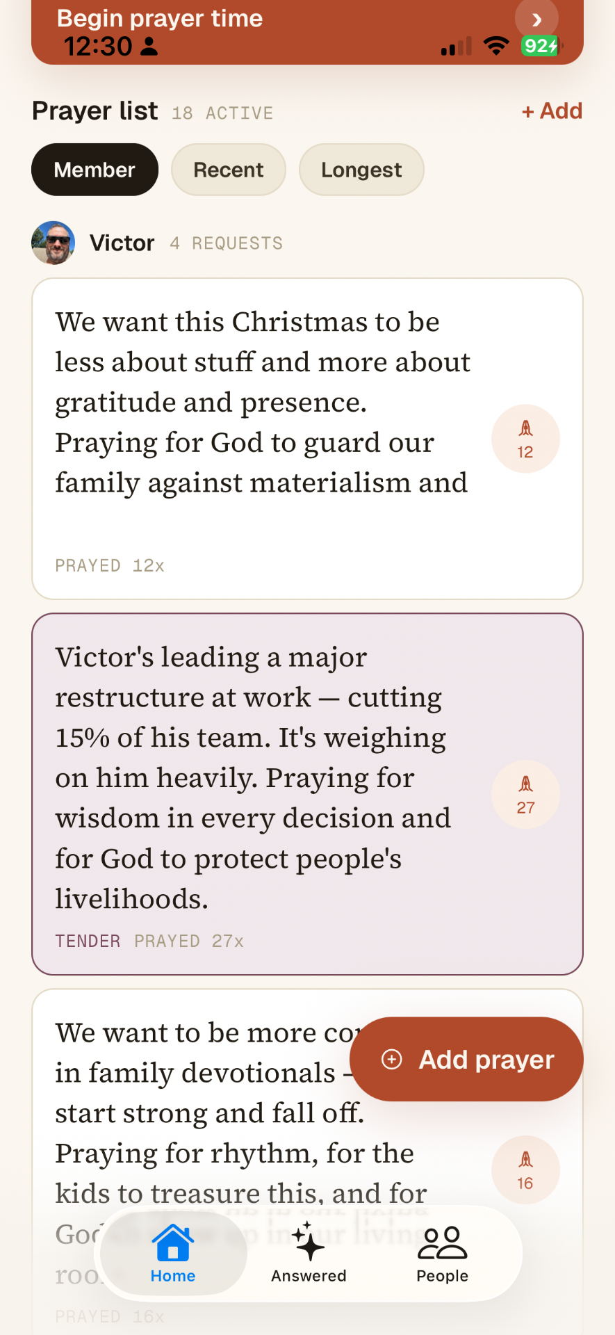Prayhouse home screen, a shared prayer circle for families and close friends